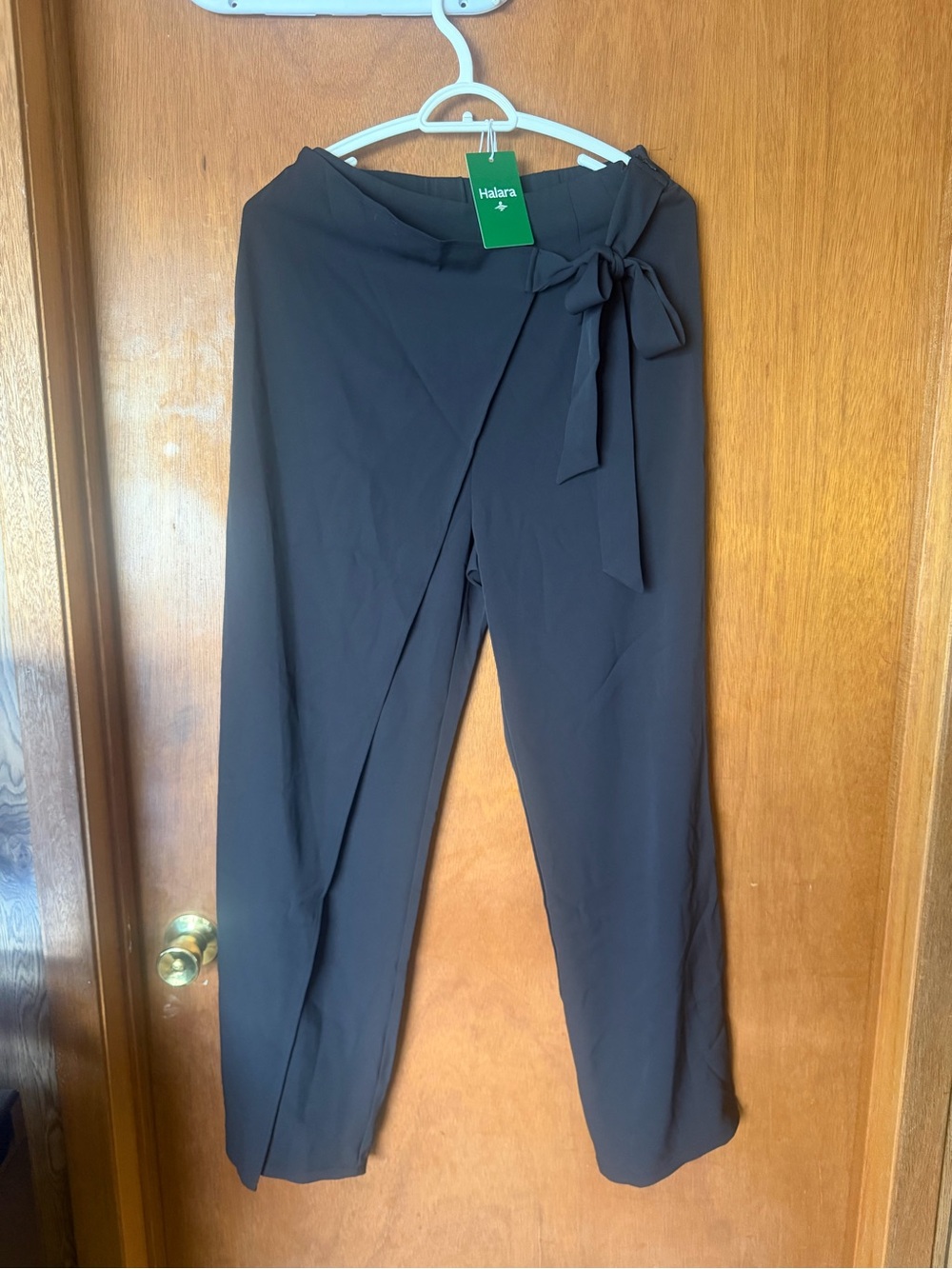 HALARA Black Wrap-Front Straight Leg Pants with Side Tie